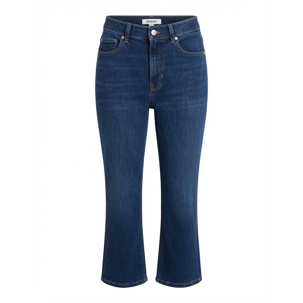 Spanx Kick Flare Jeans Womens Sz 12 Blue Dark Wash Cropped Slimming Sculpt NWOT